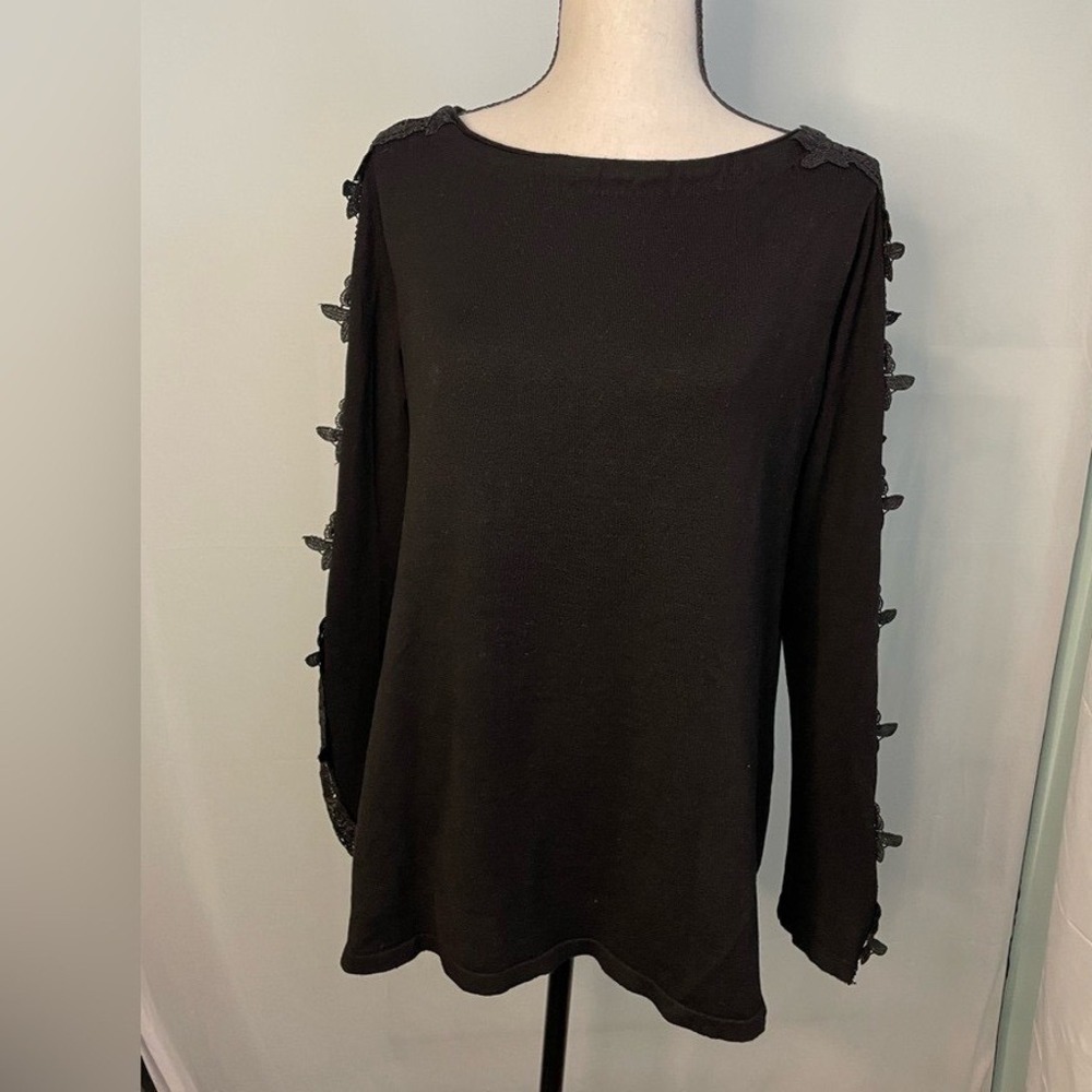 Chelsea & Theodore Black Lace Sleeve‎ Boat Neck Long Sleeve Top Women M